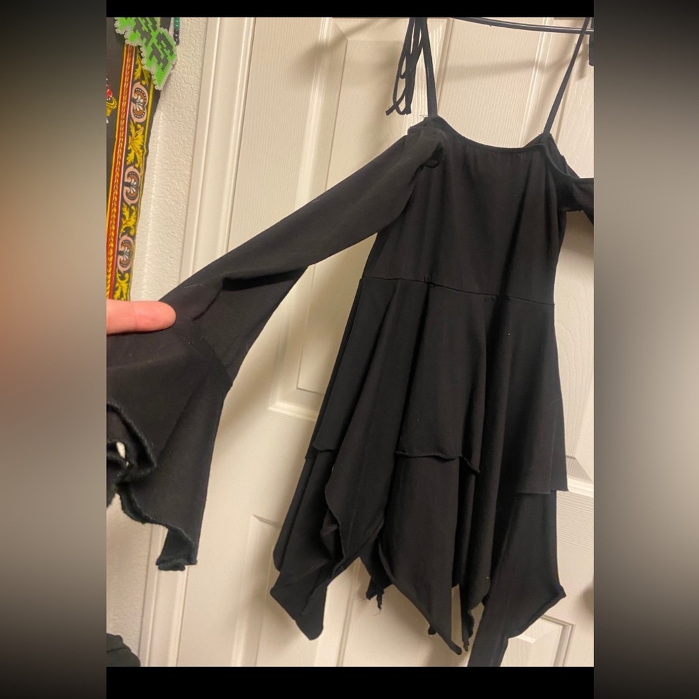 Black F is for Fairies Handkerchief ruffle, off shoulder long sleeve mini dress